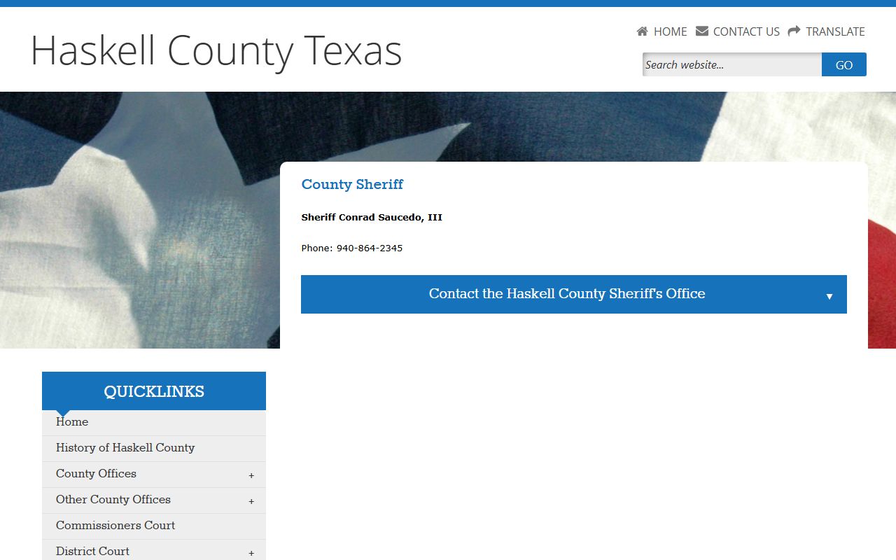 Haskell County Sheriff contact page for inmate population custody questions