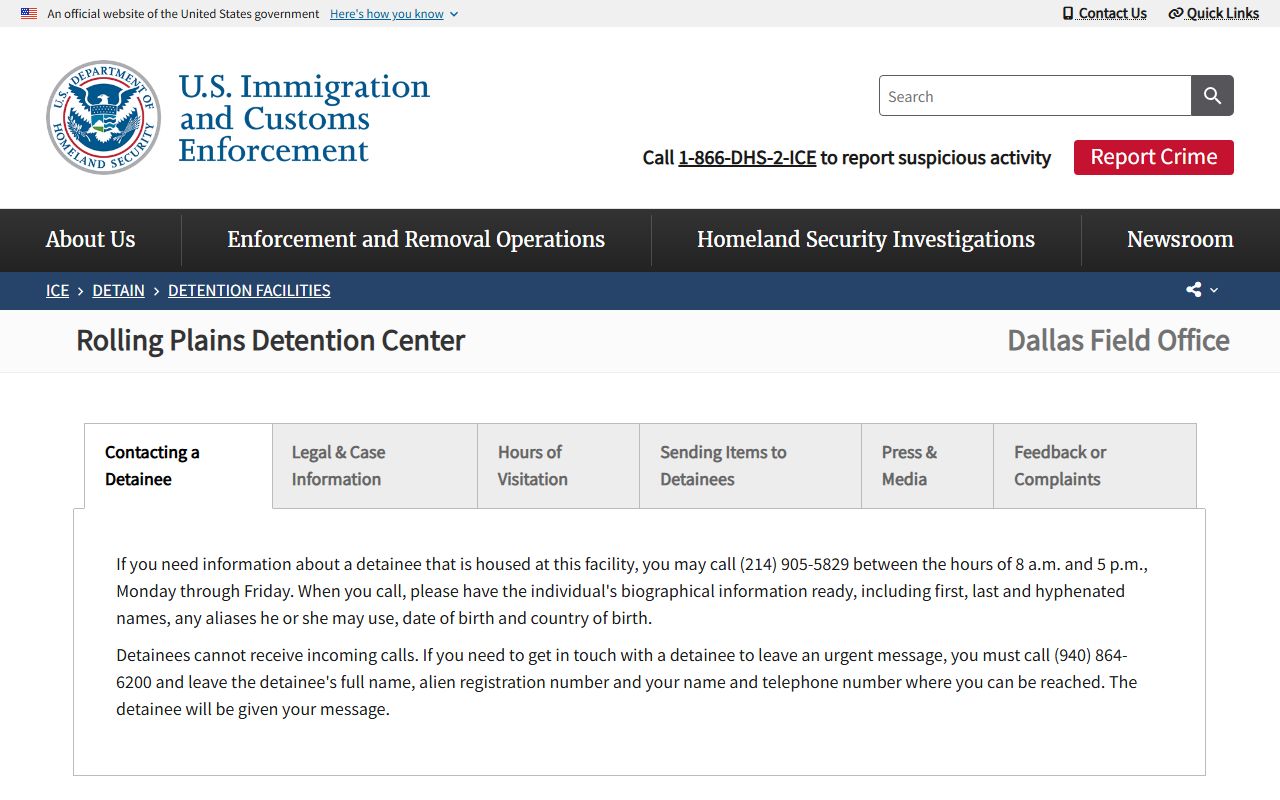 Rolling Plains Detention Center inmate lookup ICE official facility page