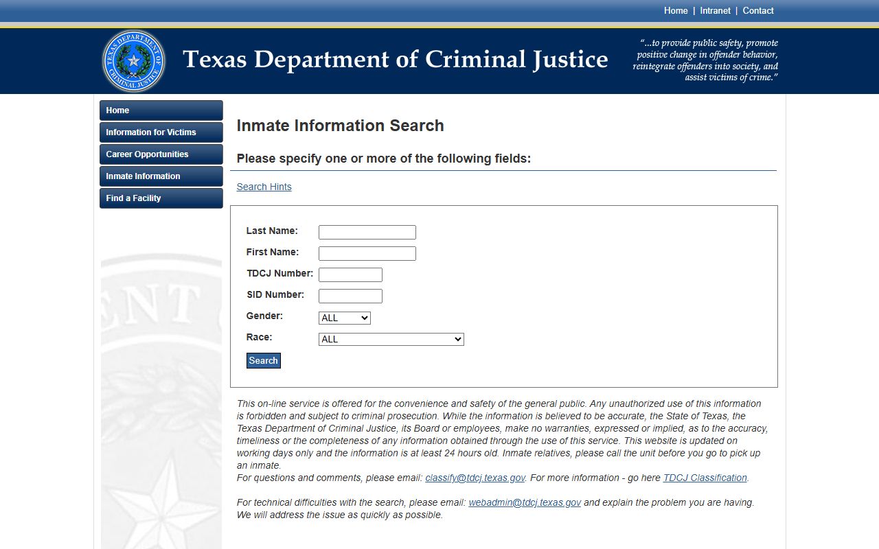 TDCJ inmate search fields for Haskell County inmate lookup after state prison transfer